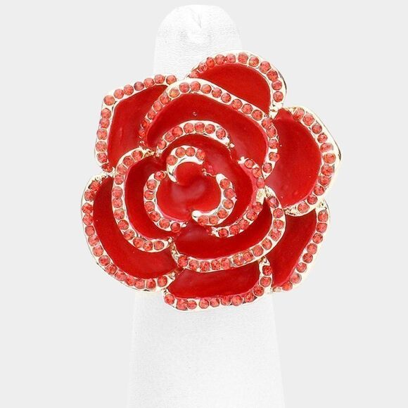 Enamel Rose Red Flower Gold Tone Stretch Ring NWT - Picture 1 of 5